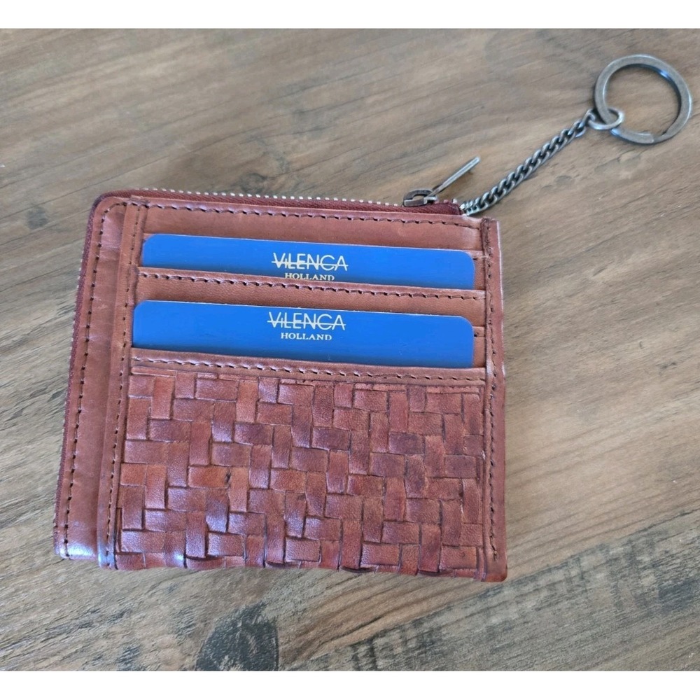 Vilenca Holland Basket Weave Zip Leather Card Coin Case Wallet Keychain NEW - Picture 3 of 11
